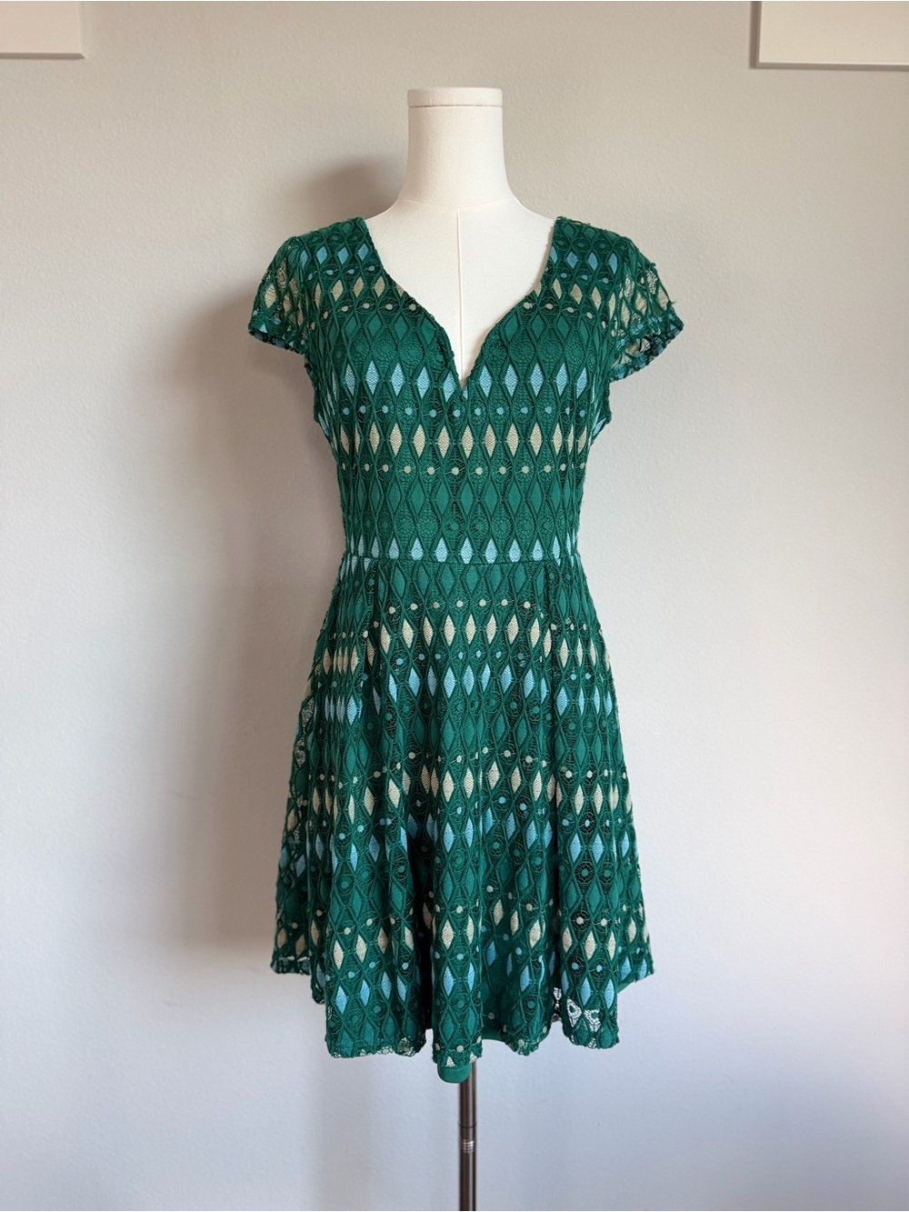Francesca’s Emerald Green Lace Fit & Flare Mini Dress M Boho